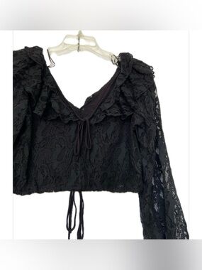Mustard Seed Black Lace Ruffle Tie-Front Blouse